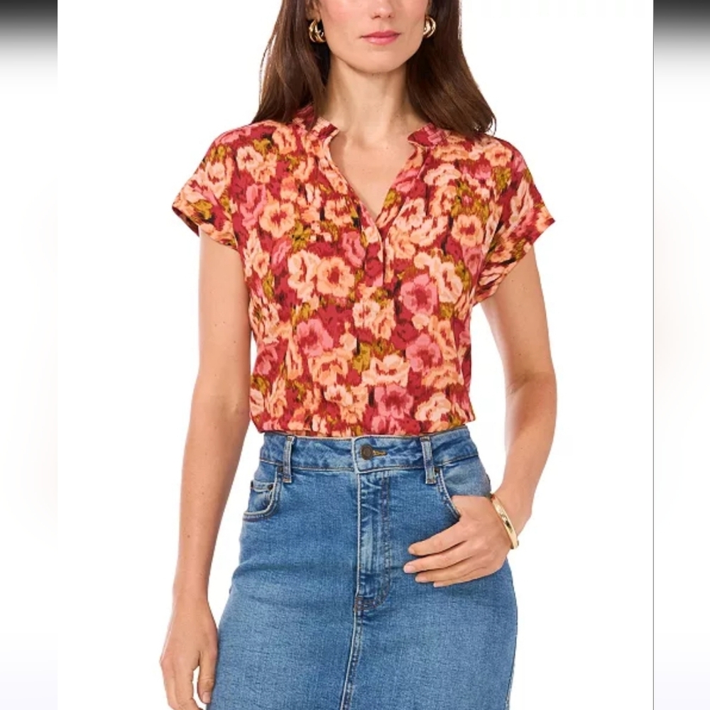 Vince Camuto Floral-Print Split-Neck Short-Sleeve Top Size L